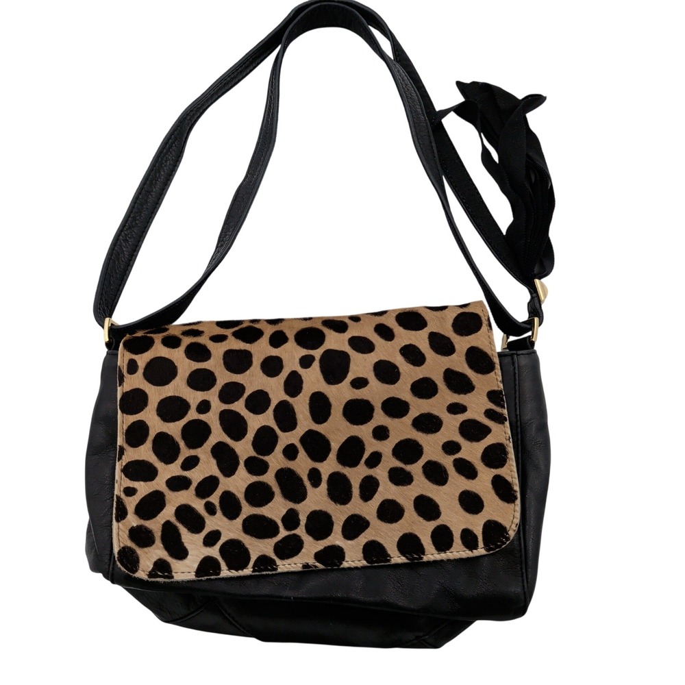 Clare V. Black Leather Leopard Pony Hair Messenger Crossbody Bag Made in USA
